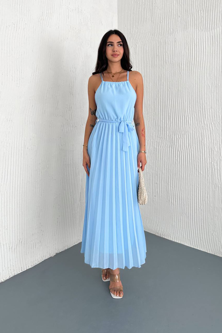 Strappy Midi Length Chiffon Dress With Belt - Mode Roy - Globality Store - Women Clothes Wholesale Turkey