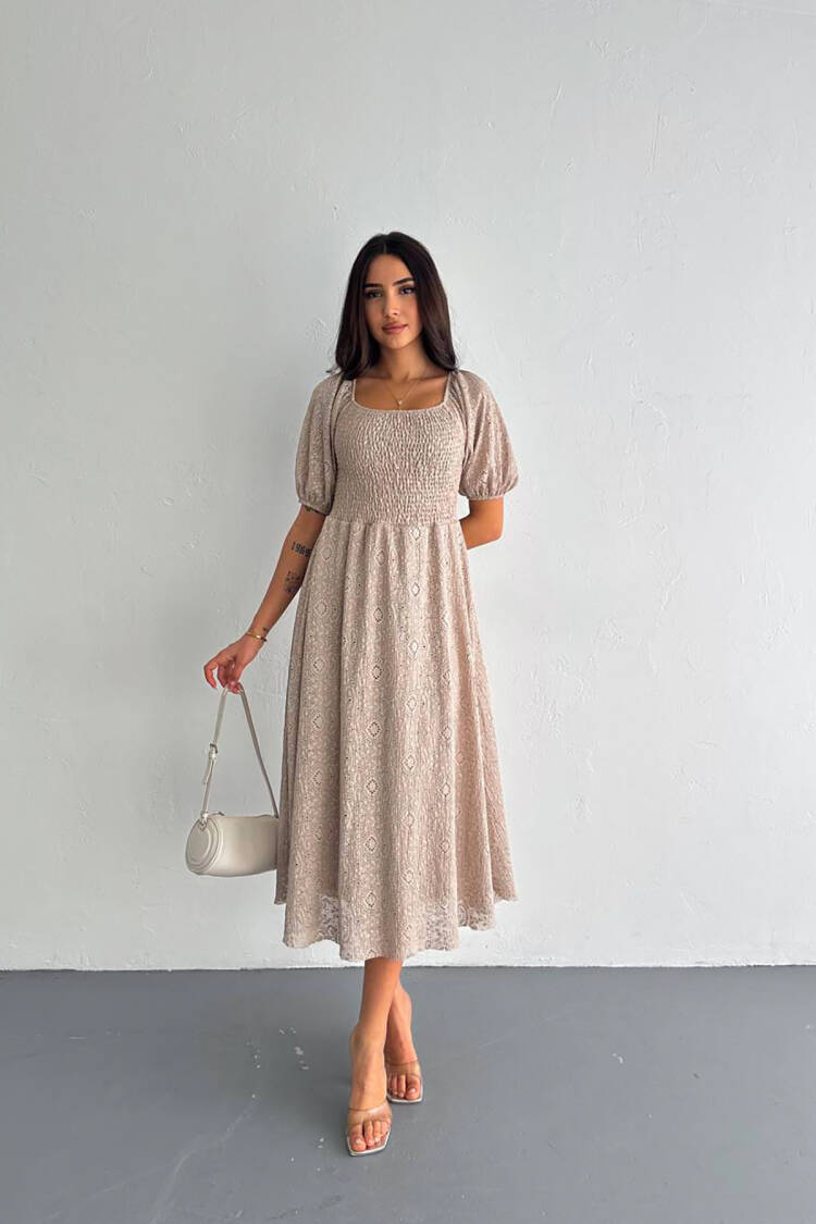 Square Neck Lace Dress - Mink - Mode Roy - Globality Store - Women Clothes Wholesale Turkey
