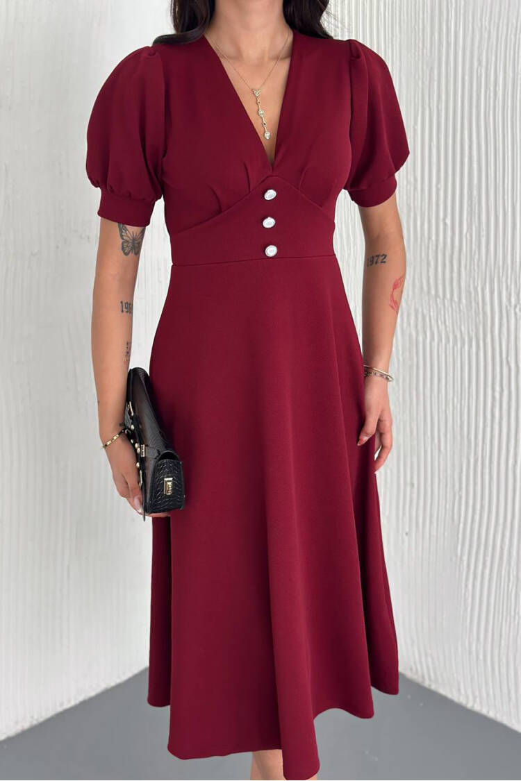 V-neck Button Detailed Midi Dress - Burgundy