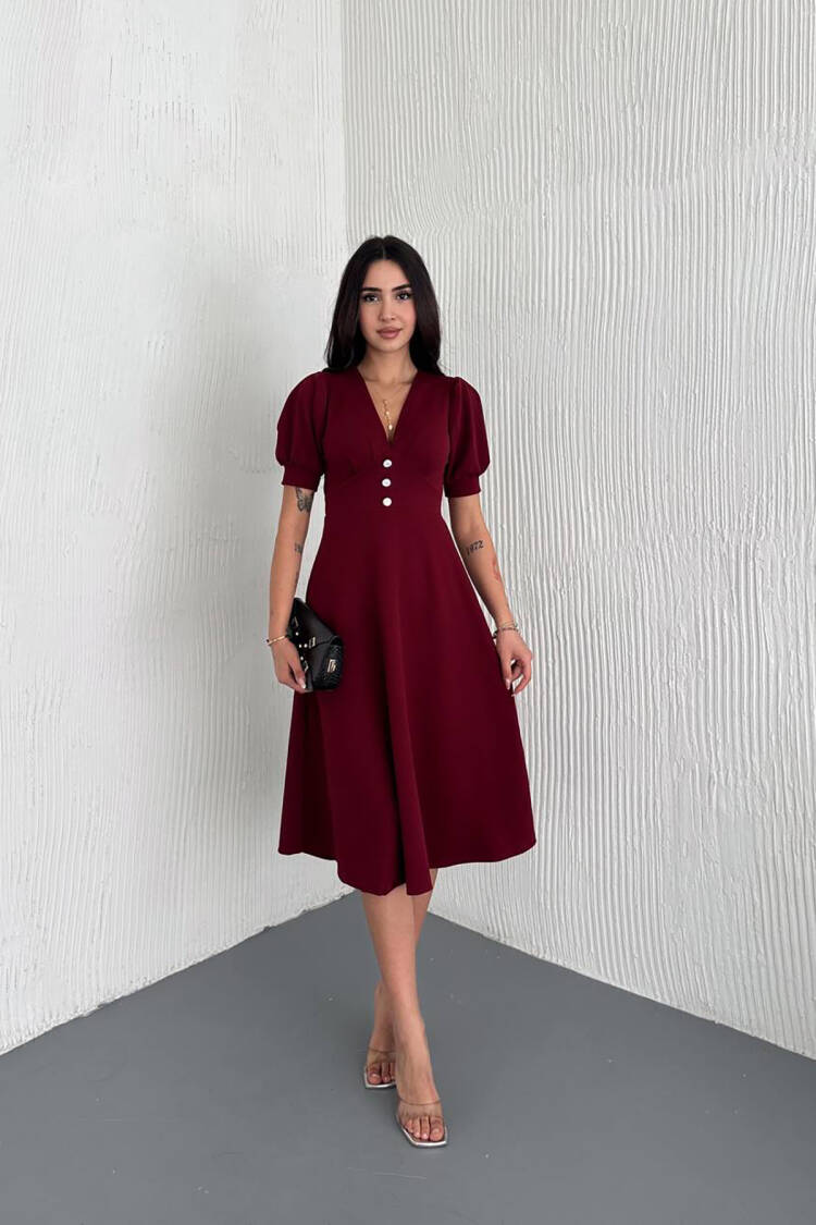 V-neck Button Detailed Midi Dress - Burgundy
