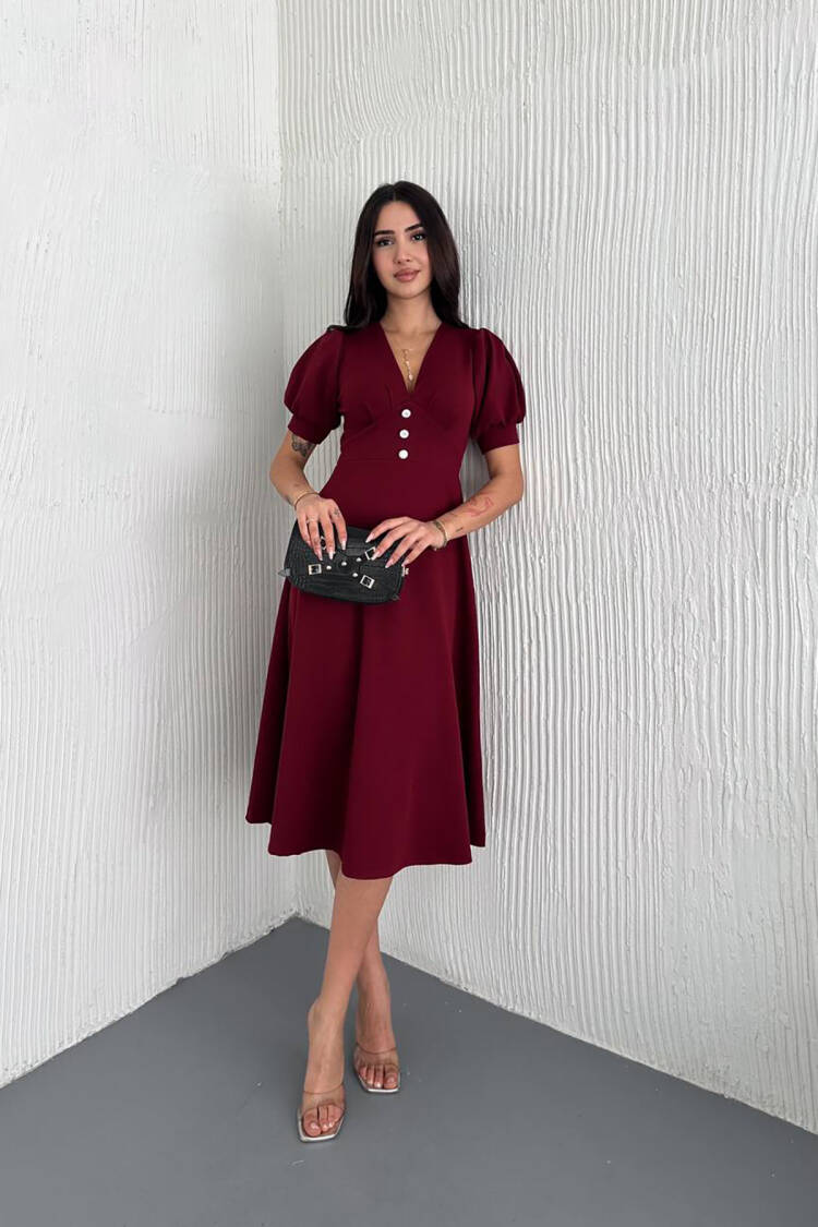V-neck Button Detailed Midi Dress - Burgundy - Brand: Mode Roy - Women's Clothing Wholesale - Globality Store