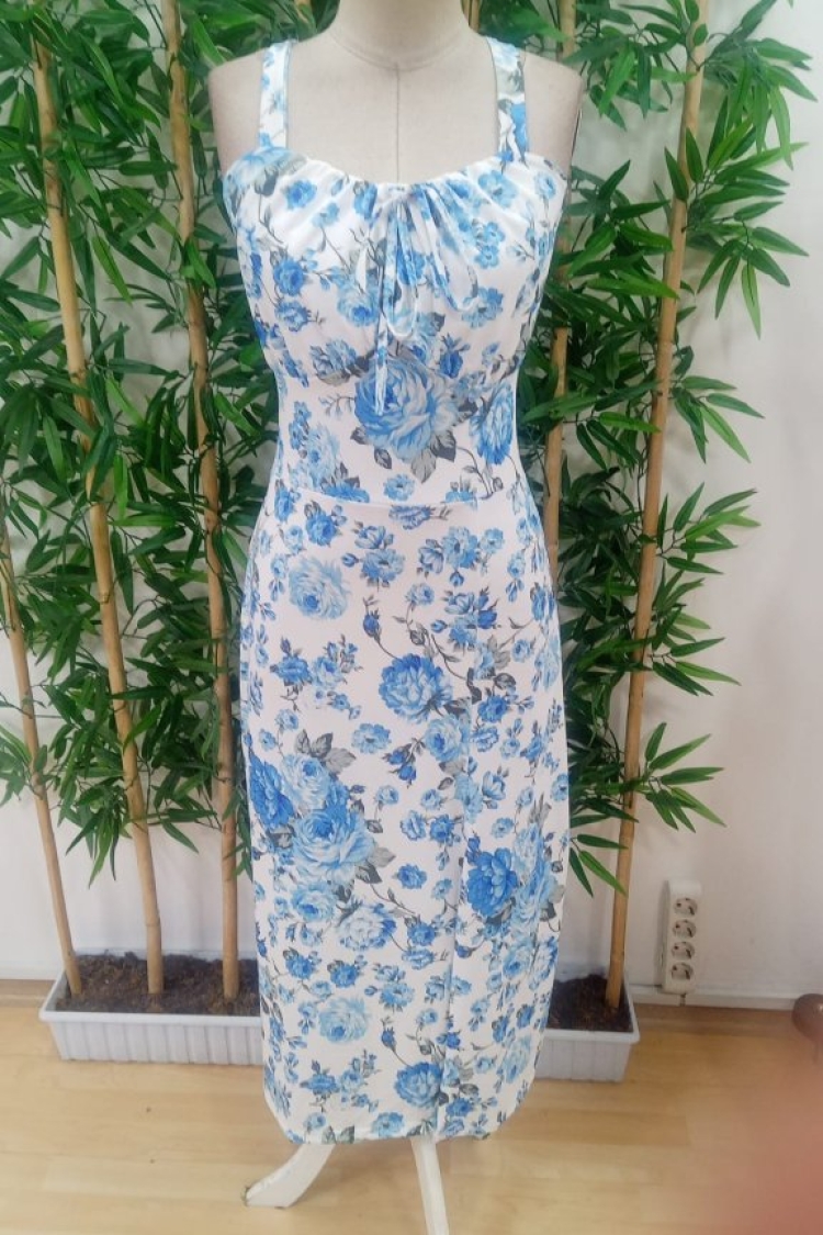 Women's Strappy Wide V Neck Tie Back Slit Suprem Dress