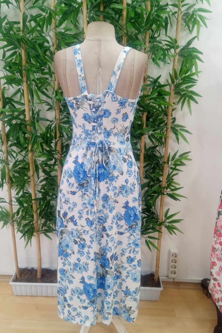 Women's Strappy Wide V Neck Tie Back Slit Suprem Dress