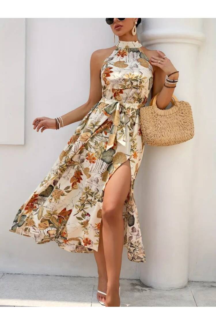 Women's Off Shoulder Halter Neck Slit Floral Print Suprem Dress - Janes - Globality Store - Women Clothes Wholesale Turkey
