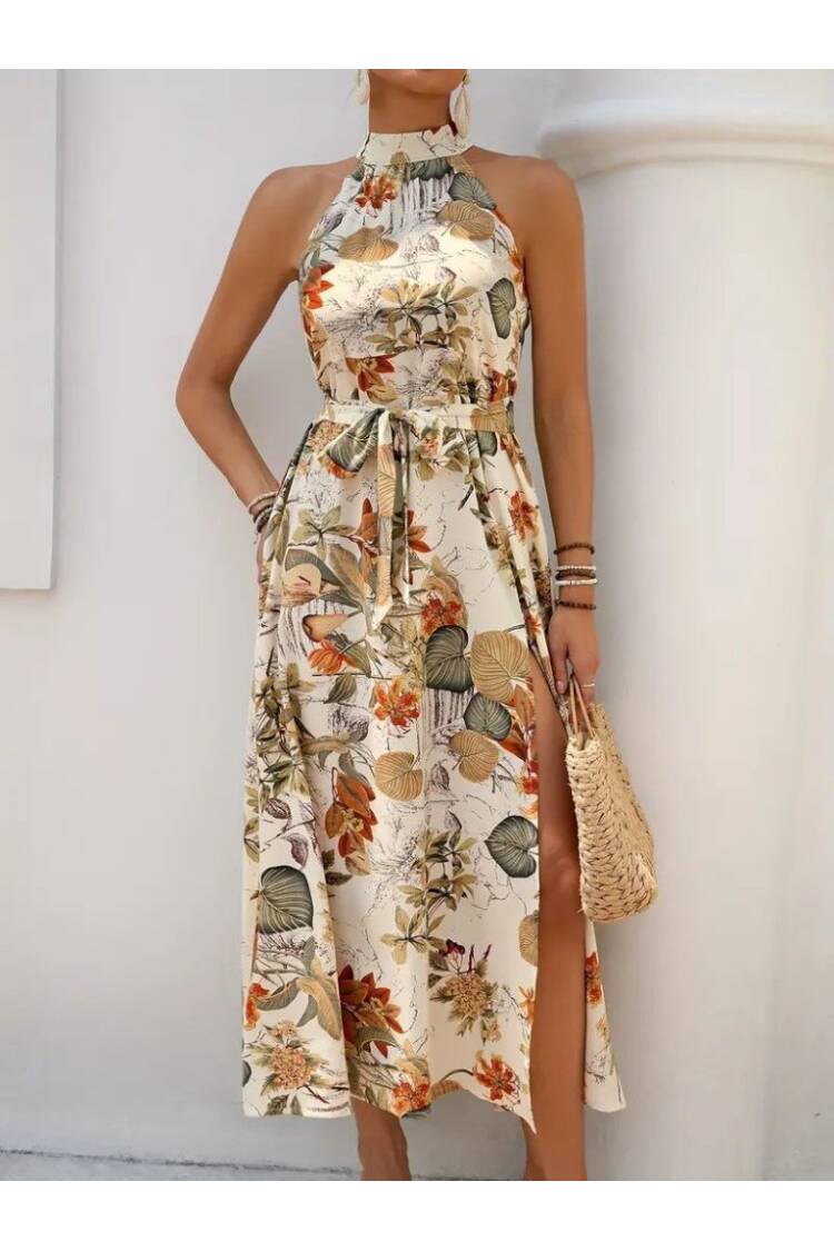 Women's Off Shoulder Halter Neck Slit Floral Print Suprem Dress