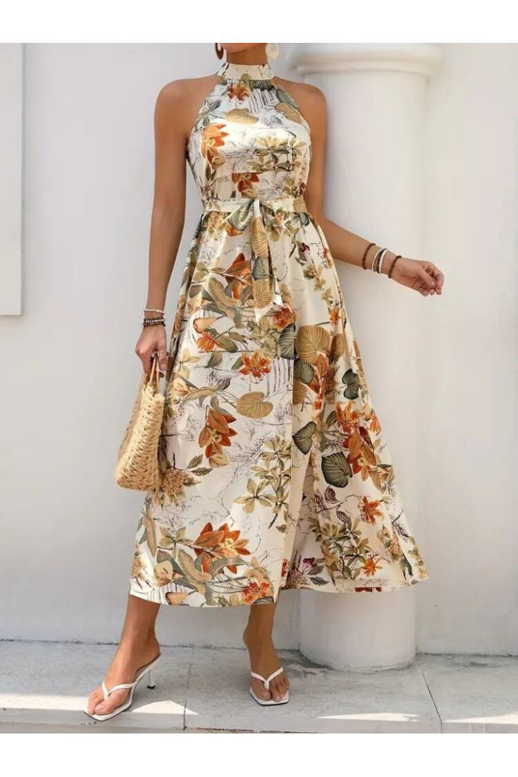Women's Off Shoulder Halter Neck Slit Floral Print Suprem Dress