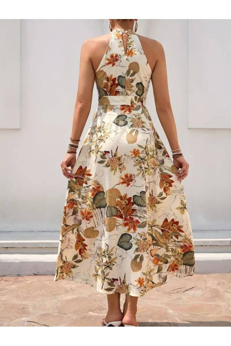 Women's Off Shoulder Halter Neck Slit Floral Print Suprem Dress