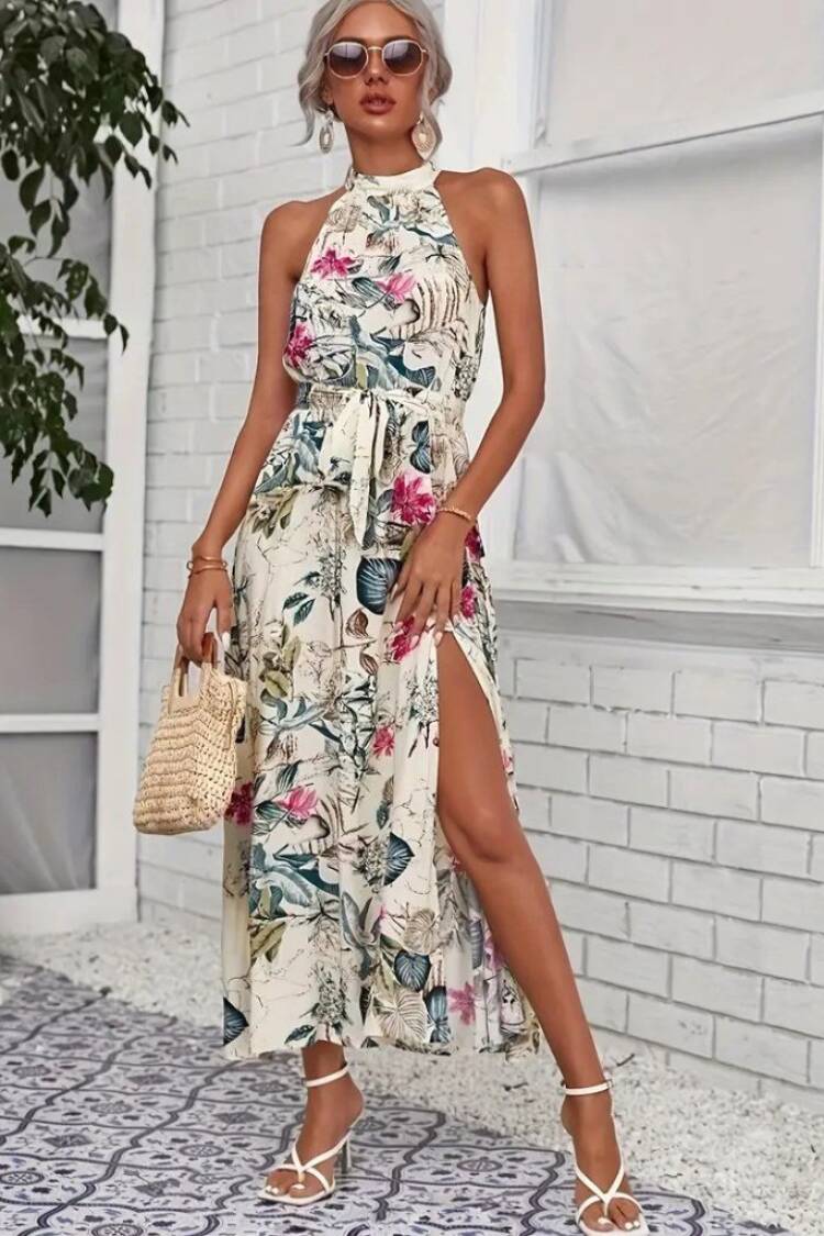 Women's Off Shoulder Halter Neck Slit Floral Print Suprem Dress - Janes - Globality Store - Women Clothes Wholesale Turkey