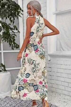 Women's Off Shoulder Halter Neck Slit Floral Print Suprem Dress - Janes - Globality Store - Women Clothes Wholesale Turkey