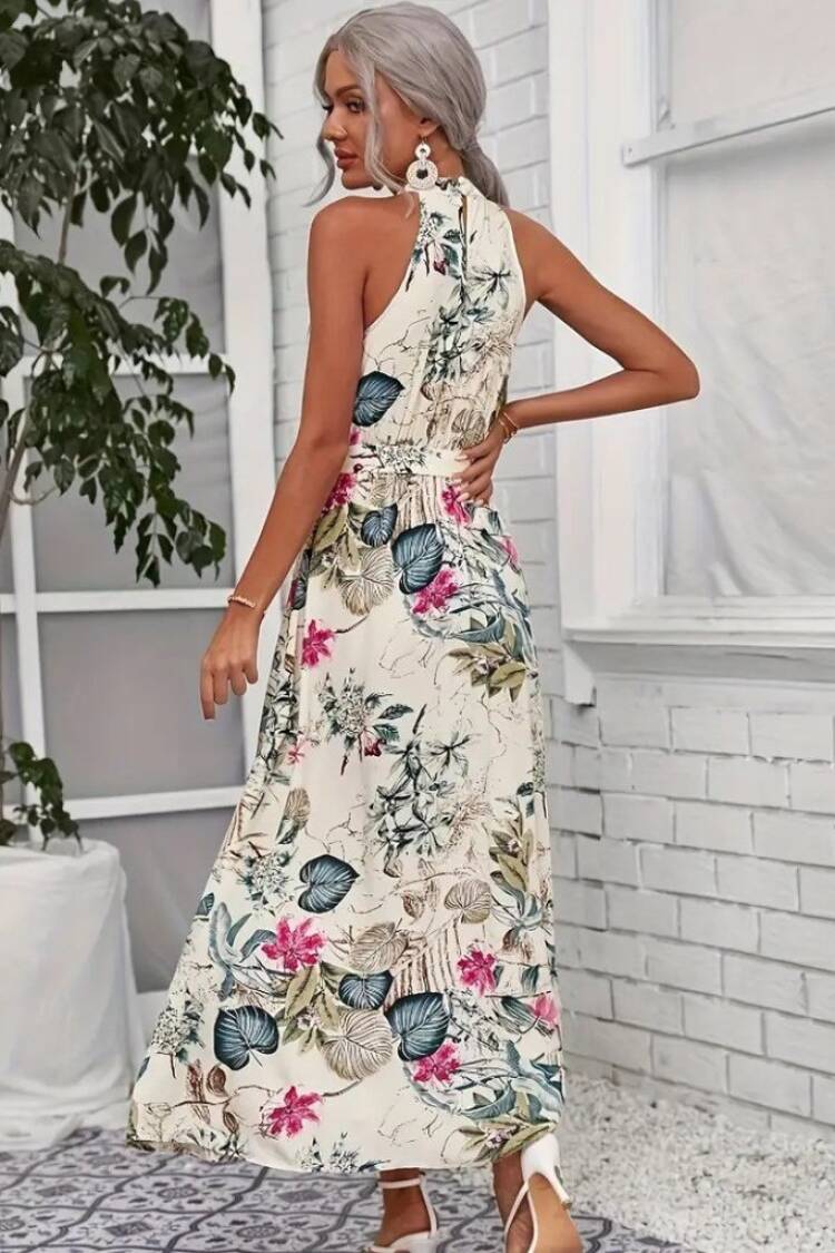 Women's Off Shoulder Halter Neck Slit Floral Print Suprem Dress