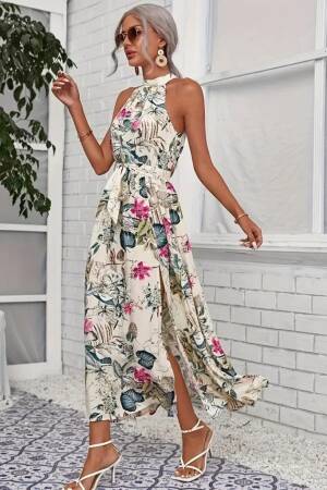 Women's Off Shoulder Halter Neck Slit Floral Print Suprem Dress - Janes - Globality Store - Women Clothes Wholesale Turkey