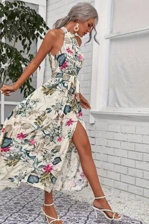 Women's Off Shoulder Halter Neck Slit Floral Print Suprem Dress - Janes - Globality Store - Women Clothes Wholesale Turkey