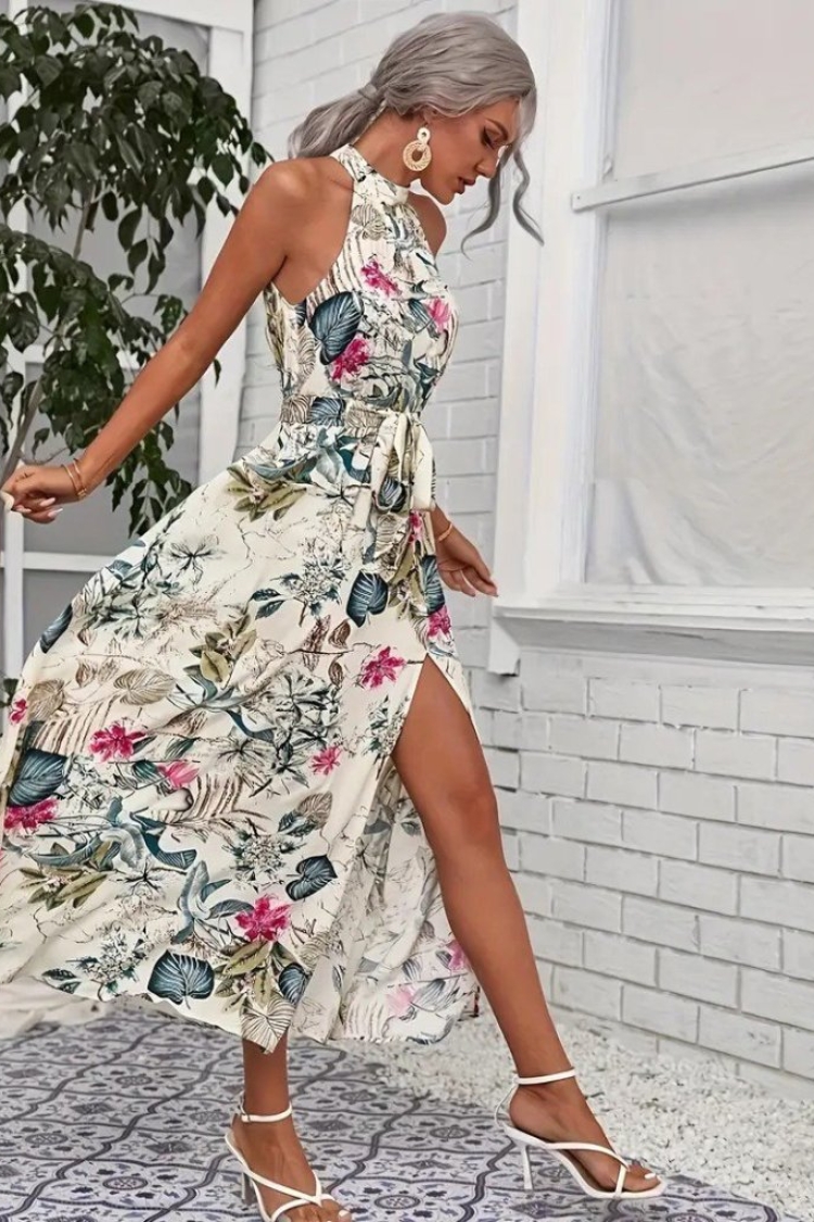 Women's Off Shoulder Halter Neck Slit Floral Print Suprem Dress