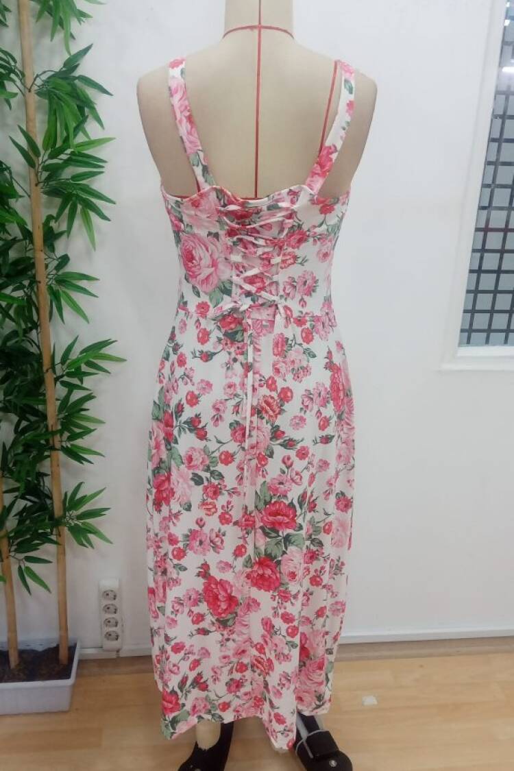 Women's Strappy Wide V Neck Tie Back Slit Suprem Dress