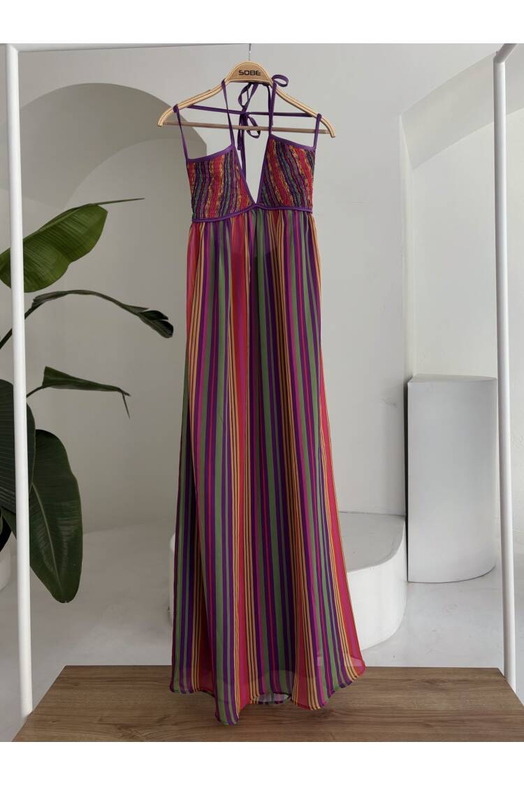 Colored Maxi Dress With Strap Pile Detail