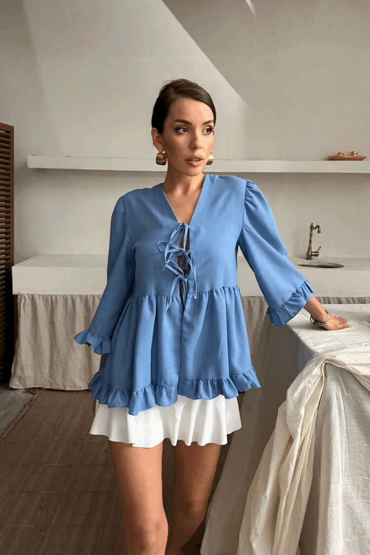 Linen Blouse With Front Tie Ruffle Detail