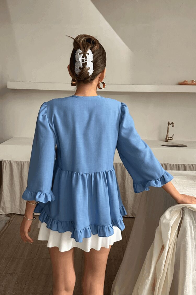 Linen Blouse With Front Tie Ruffle Detail
