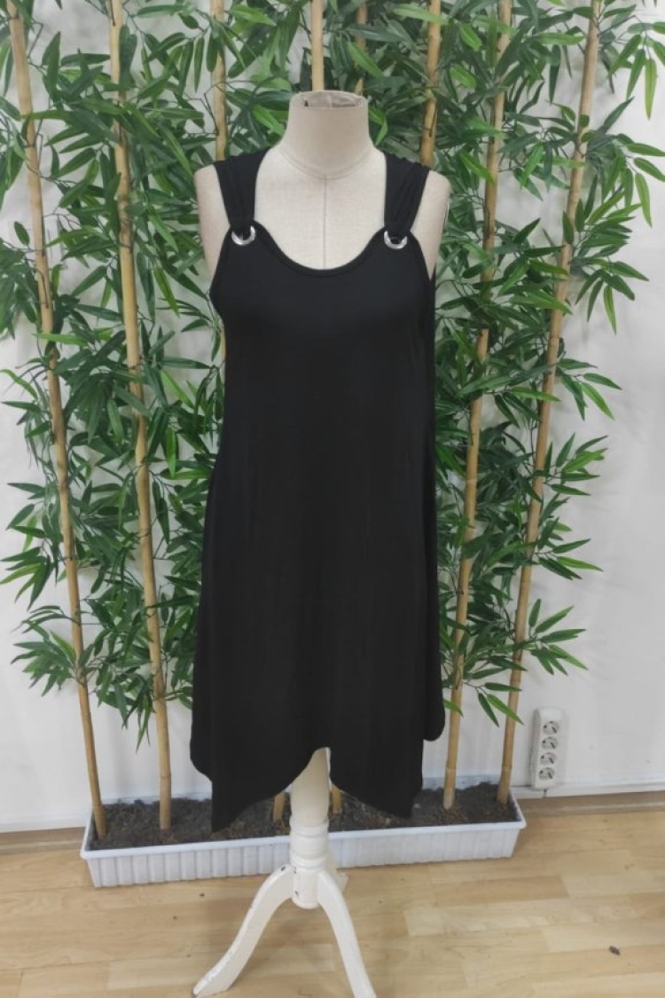 Women's Strappy Round Neck Bird's Eye Detailed Asymmetric Viscose Dress - Black