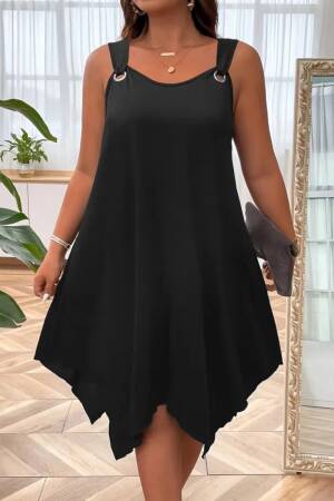 Women's Strappy Round Neck Bird's Eye Detailed Asymmetric Viscose Dress - Black - Janes - Globality Store - Women Clothes Wholesale Turkey
