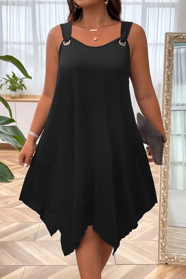 Women's Strappy Round Neck Bird's Eye Detailed Asymmetric Viscose Dress - Black - Janes - Globality Store - Women Clothes Wholesale Turkey