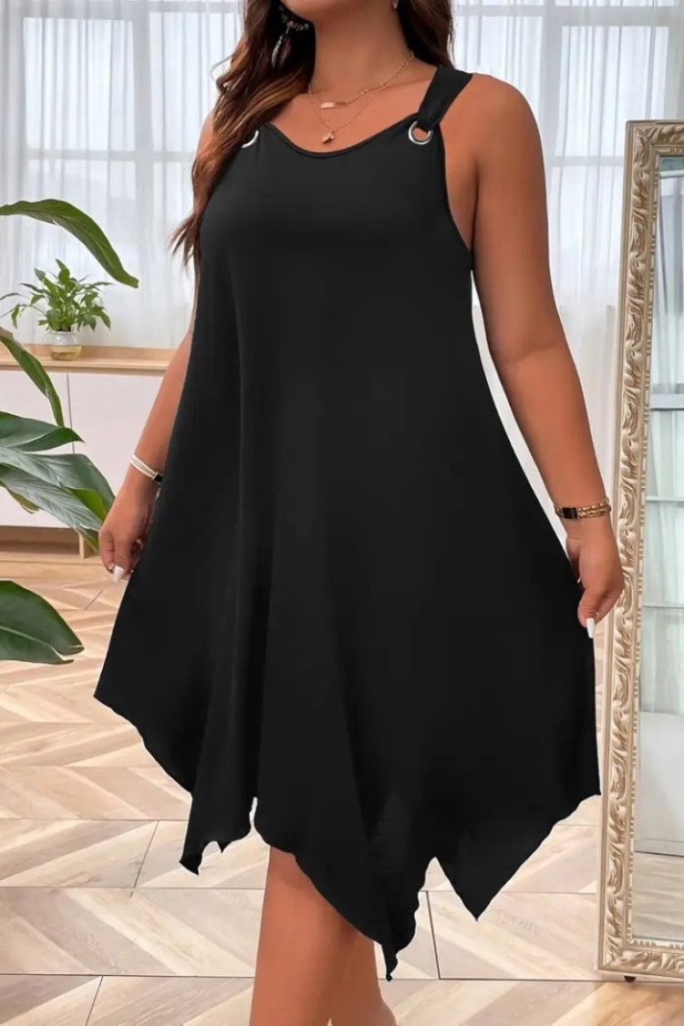 Women's Strappy Round Neck Bird's Eye Detailed Asymmetric Viscose Dress - Black