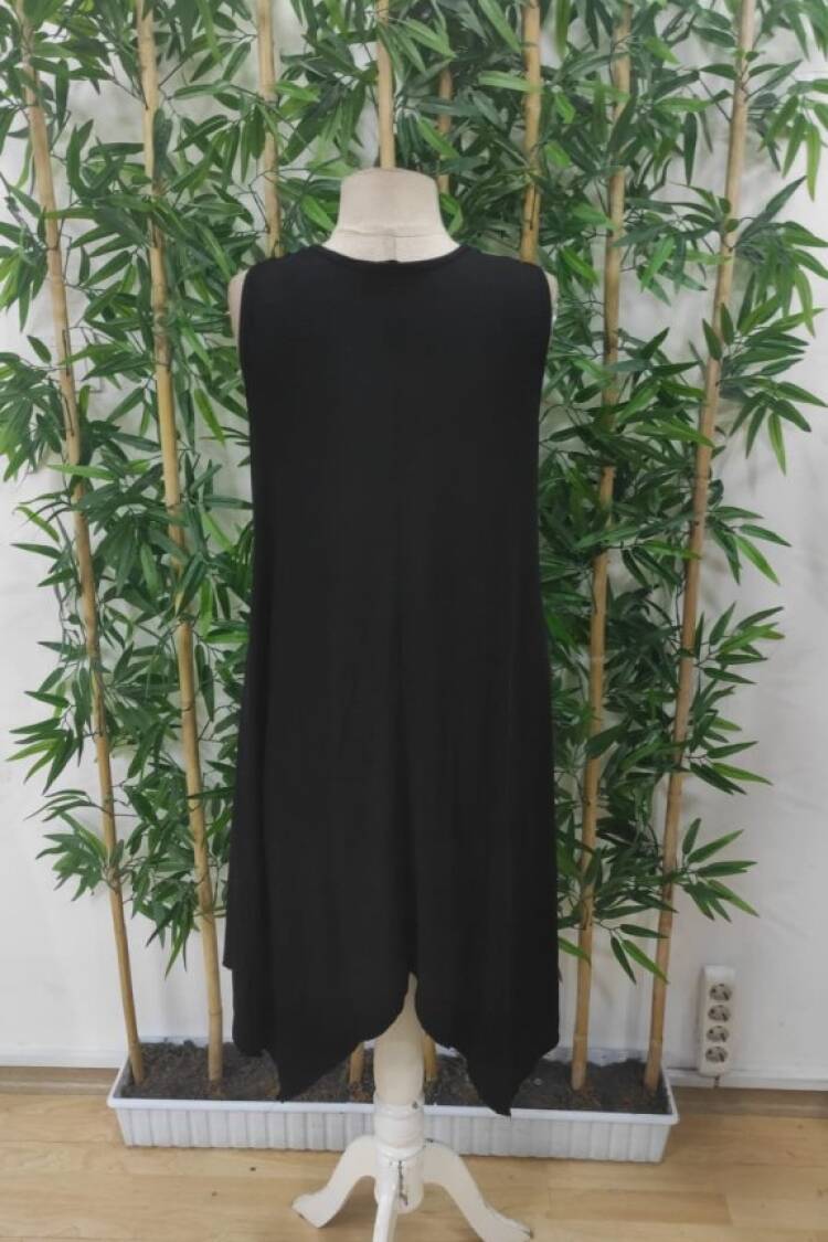 Women's Strappy Round Neck Bird's Eye Detailed Asymmetric Viscose Dress - Black