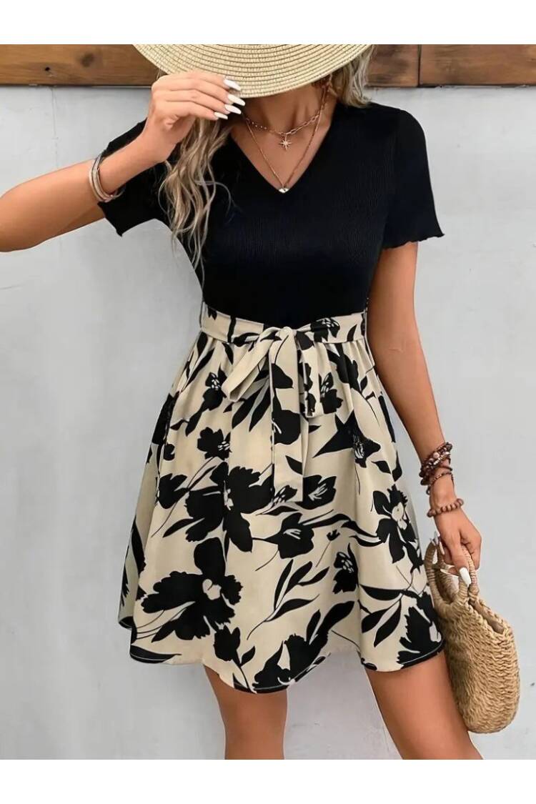 Women's Short Sleeve V-Neck Belted Floral Pattern Top Viscose Bottom Suprem Dress - Black