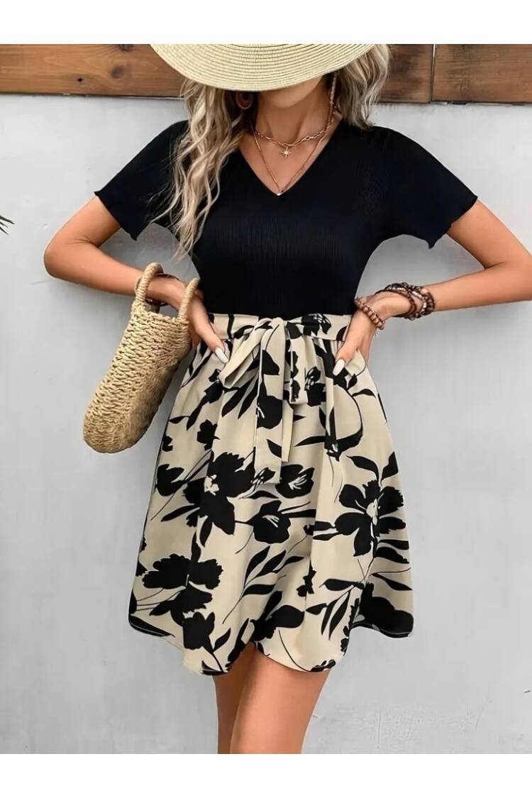 Women's Short Sleeve V-Neck Belted Floral Pattern Top Viscose Bottom Suprem Dress - Black - Janes - Globality Store - Women Clothes Wholesale Turkey