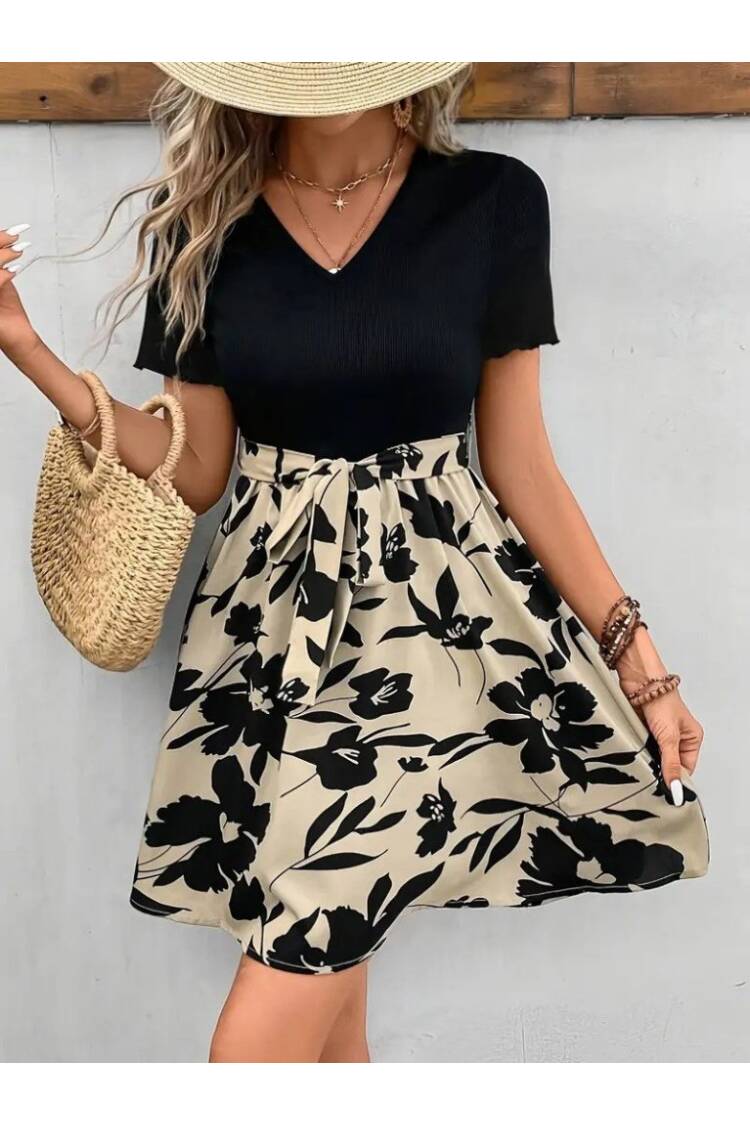 Women's Short Sleeve V-Neck Belted Floral Pattern Top Viscose Bottom Suprem Dress - Black