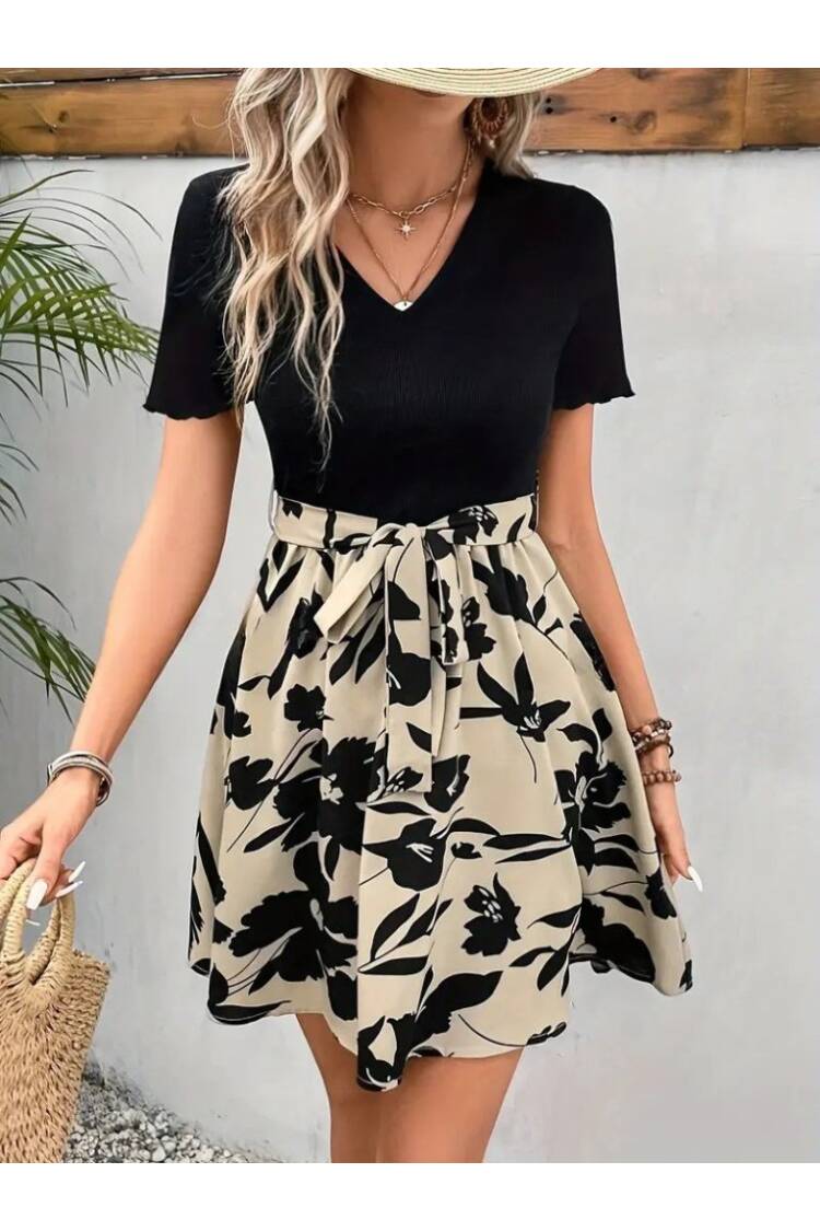 Women's Short Sleeve V-Neck Belted Floral Pattern Top Viscose Bottom Suprem Dress - Black