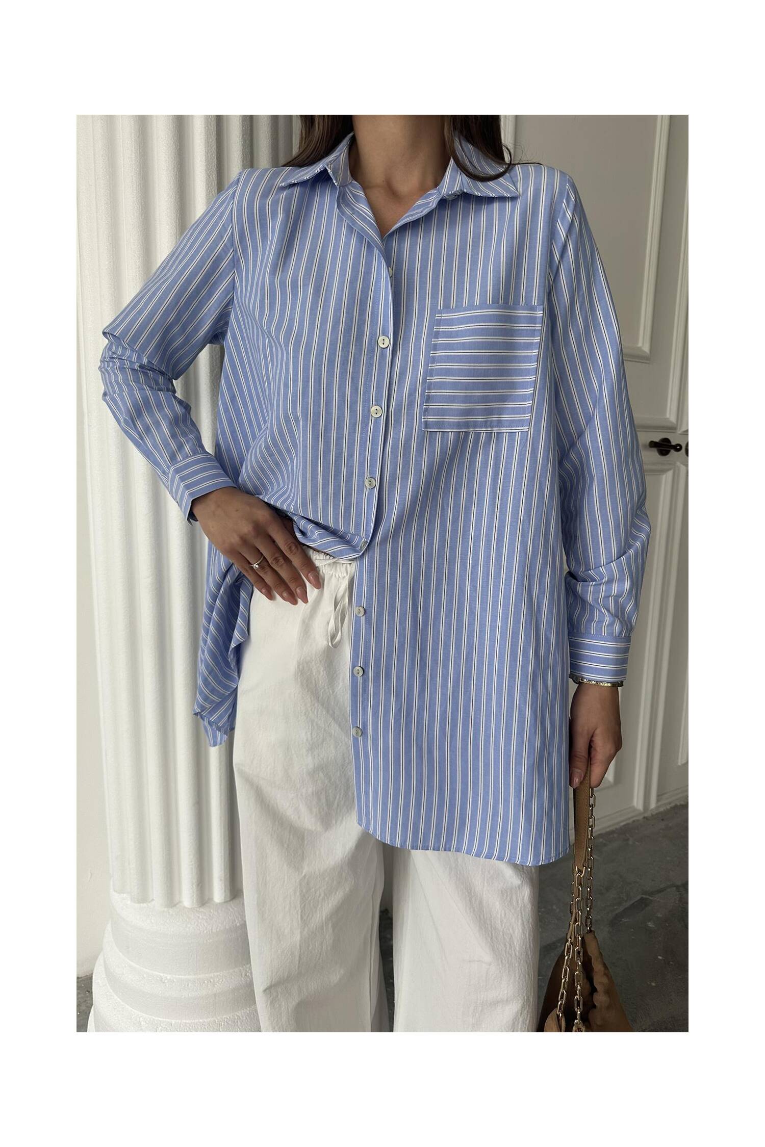 Wholesale Blue Striped Long Shirt - Brand: Elisa - Women's Clothing Wholesale - Globality Store