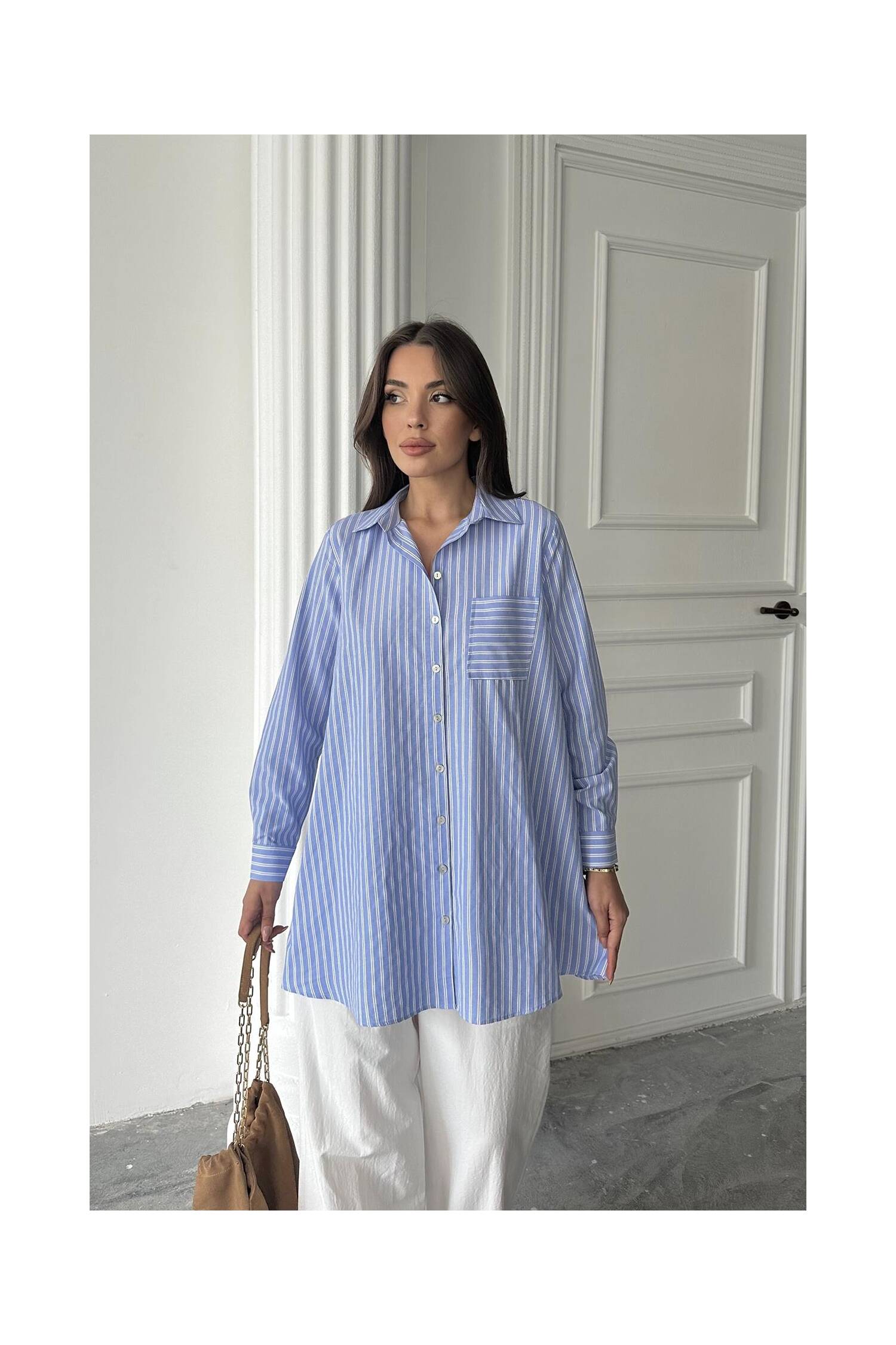 Wholesale Blue Striped Long Shirt - Brand: Elisa - Women's Clothing Wholesale - Globality Store