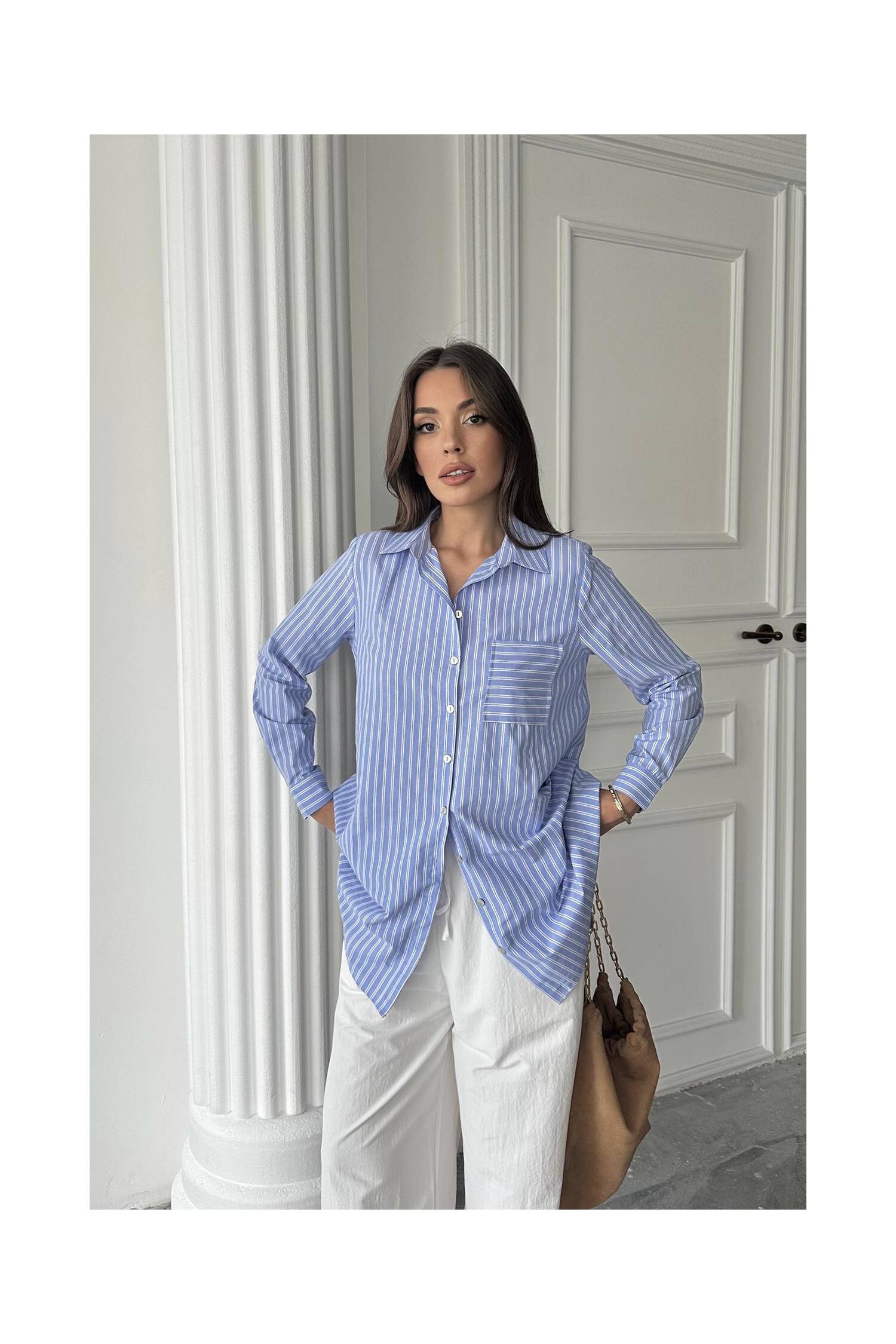 Wholesale Blue Striped Long Shirt - Brand: Elisa - Women's Clothing Wholesale - Globality Store