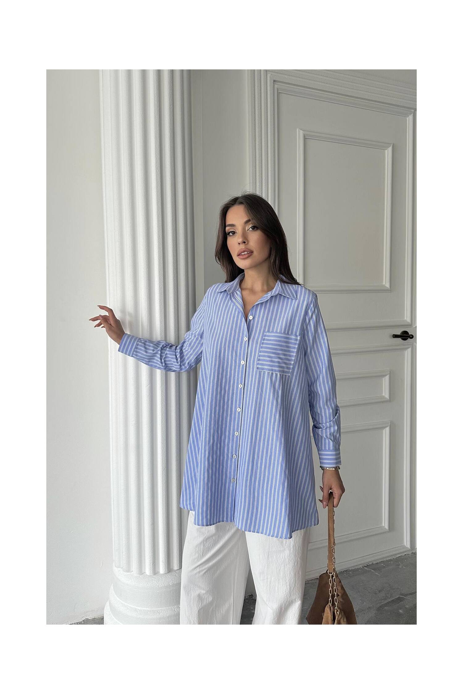 Wholesale Blue Striped Long Shirt - Brand: Elisa - Women's Clothing Wholesale - Globality Store
