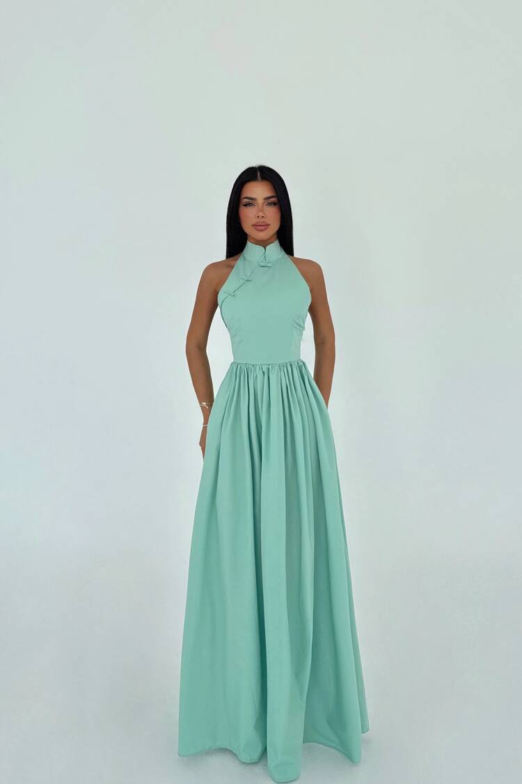 Aqua Green Long Basic Long Dress - EYYO ATELIER - Globality Store - Women Clothes Wholesale Turkey