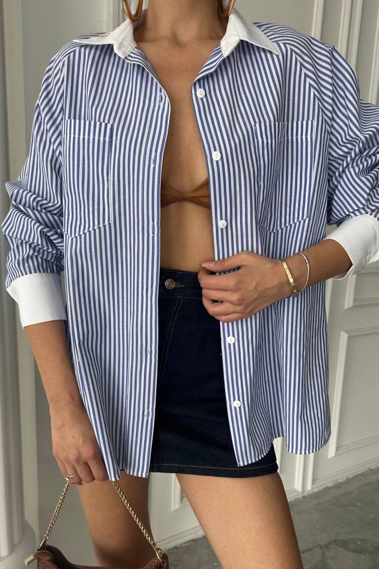 Collar And Cuff White Boyfriend Striped Poplin Shirt
