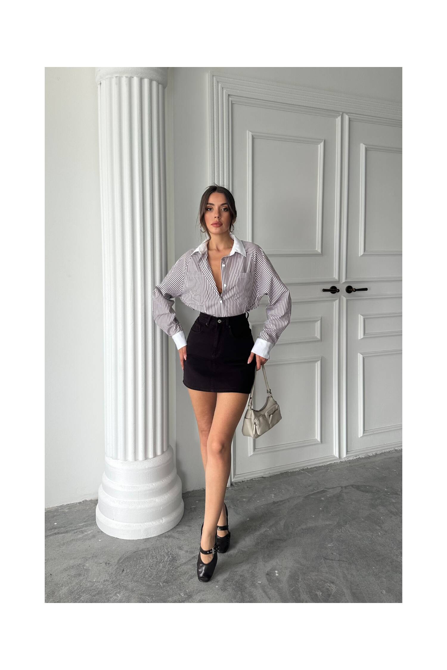Collar And Cuff White Boyfriend Striped Poplin Shirt - Brand: Ello - Women's Clothing Wholesale - Globality Store