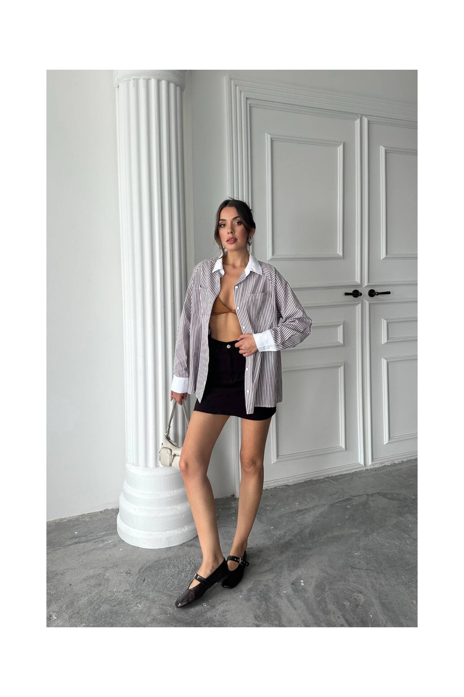Collar And Cuff White Boyfriend Striped Poplin Shirt - Brand: Ello - Women's Clothing Wholesale - Globality Store