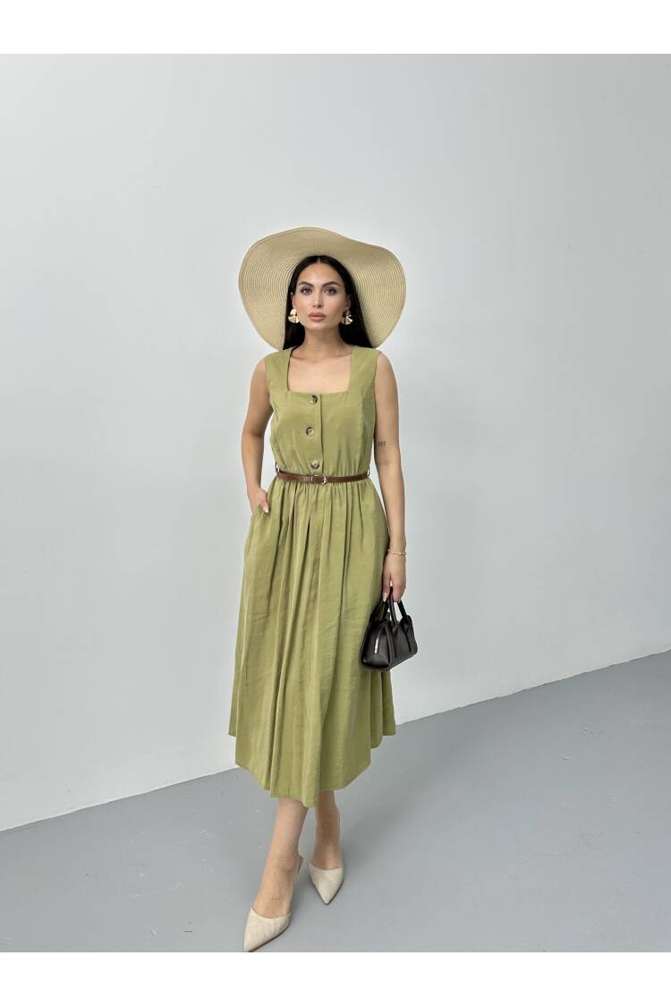 Square Collar Belted Dress