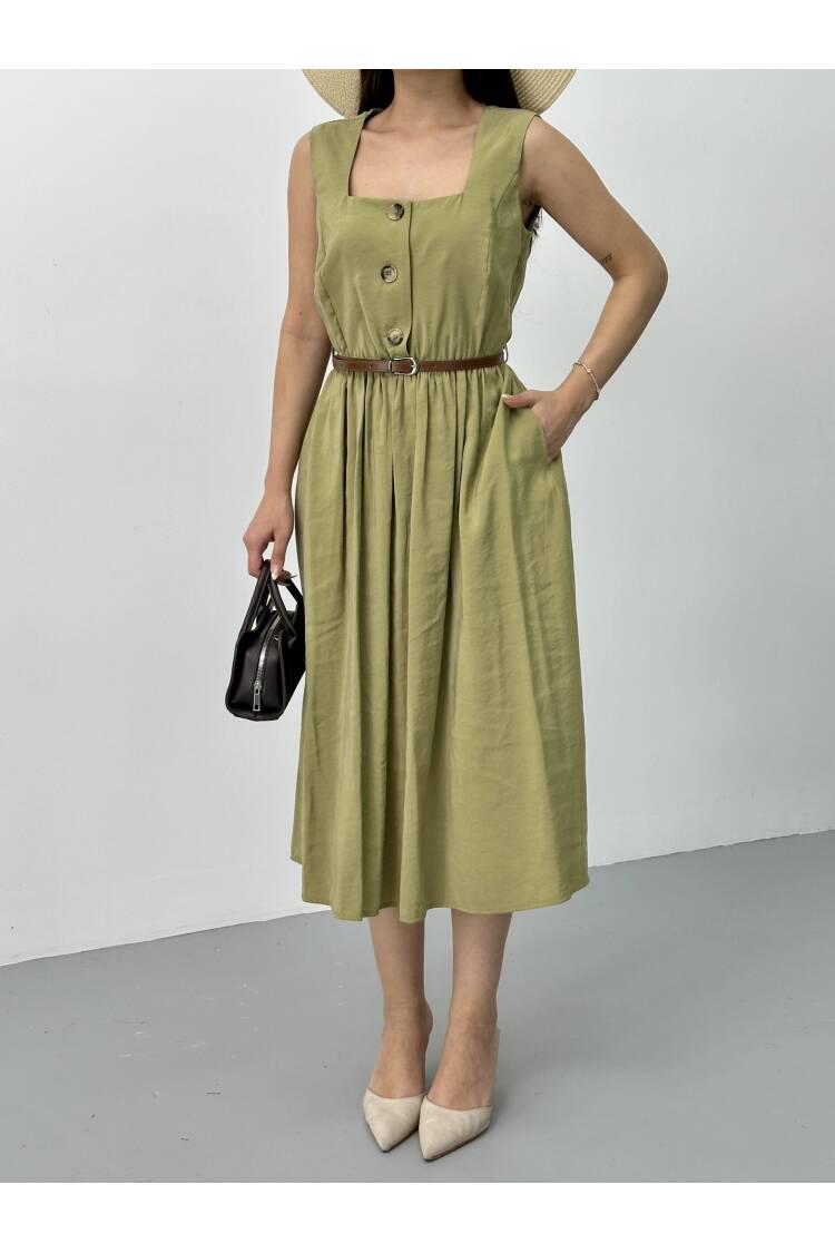 Square Collar Belted Dress