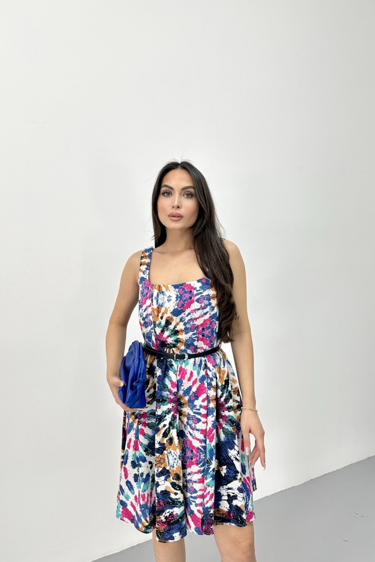 Square Collar Belted Dress - STEPS - Globality Store - Women Clothes Wholesale Turkey