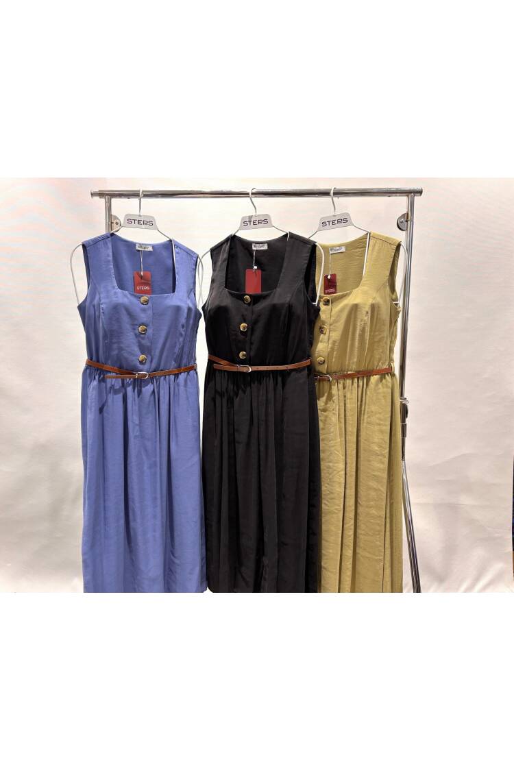 Square Collar Belted Dress - STEPS - Globality Store - Women Clothes Wholesale Turkey