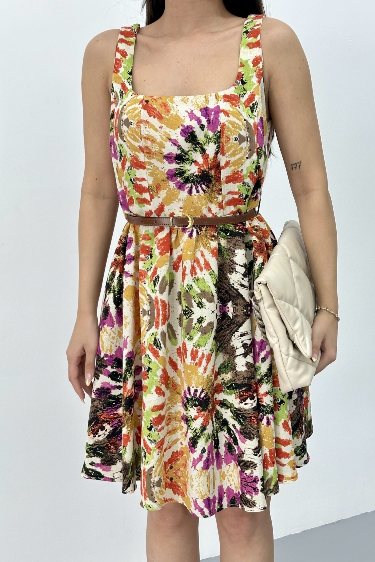 Square Collar Belted Dress