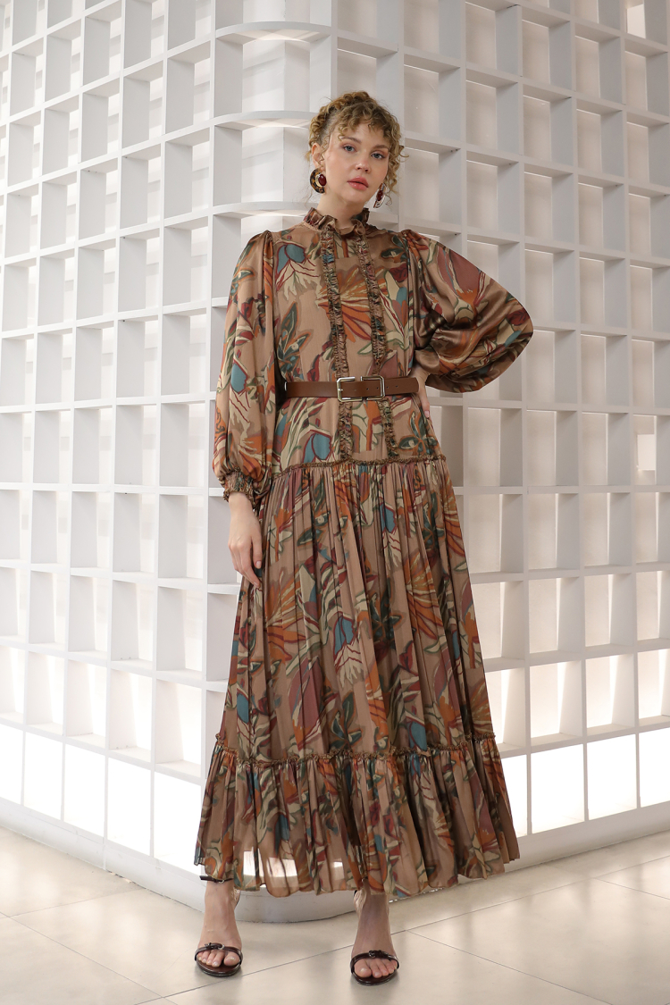 Women's Ruffle And Pile Detailed Belted Dress