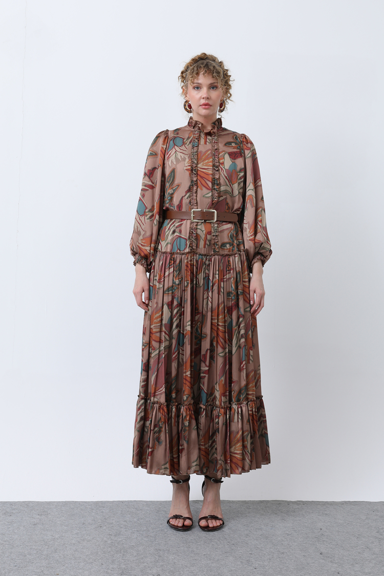 Women's Ruffle And Pile Detailed Belted Dress