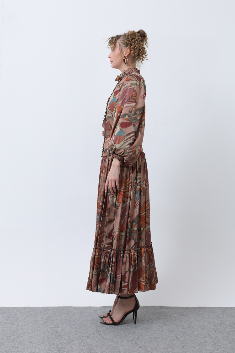 Women's Ruffle And Pile Detailed Belted Dress