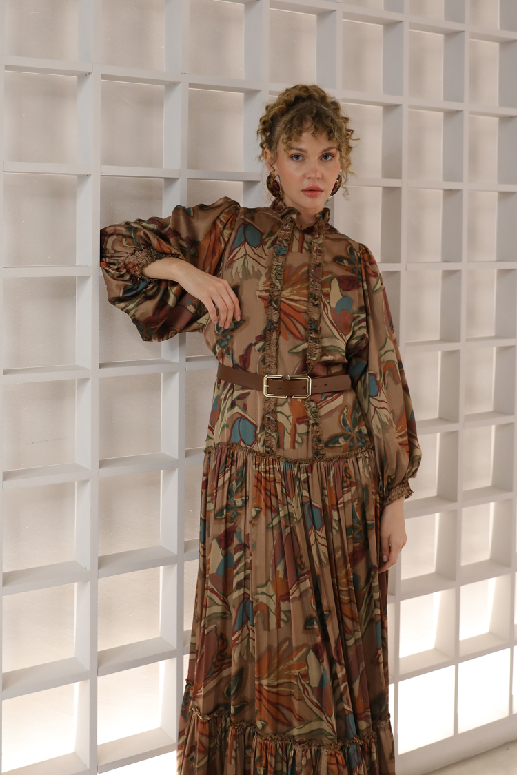 Women's Ruffle And Pile Detailed Belted Dress