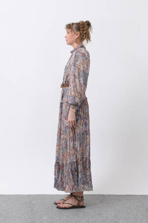 Women's Ruffle And Belt Detailed Patterned Dress - Puane - Globality Store - Women Clothes Wholesale Turkey