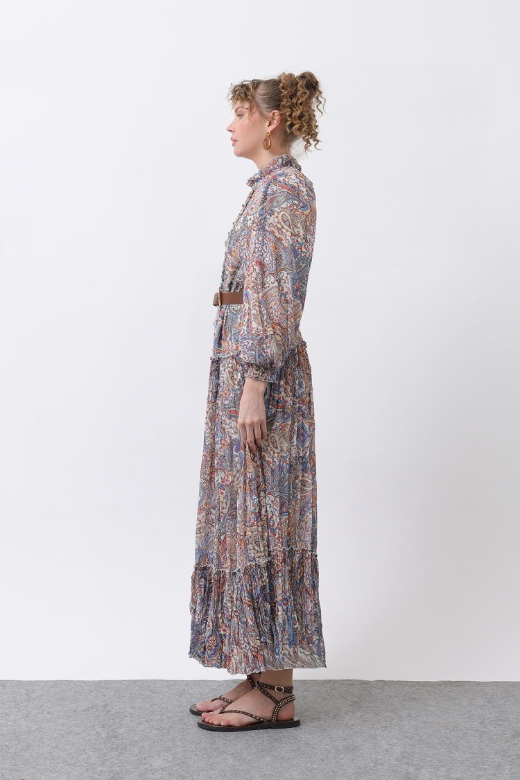 Women's Ruffle And Belt Detailed Patterned Dress