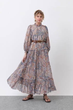 Women's Ruffle And Belt Detailed Patterned Dress - Puane - Globality Store - Women Clothes Wholesale Turkey